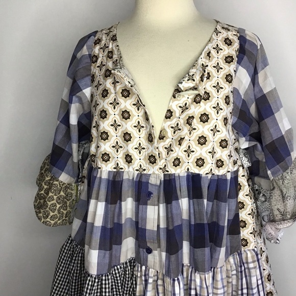 Patchwork upcycled, babydoll, ruffled sleeve, boho mini dress size inclu… - Picture 7 of 8